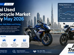 Used premium and commuter motorcycles parked in Dubai, UAE