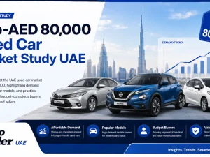 Used cars under AED 80,000 lined up in a UAE dealership parking area