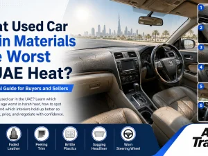 Used car interior dashboard and seats showing sun damage from UAE heat