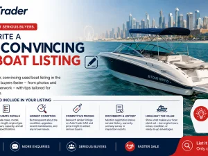 Used motorboat for sale in a UAE marina with clear listing details