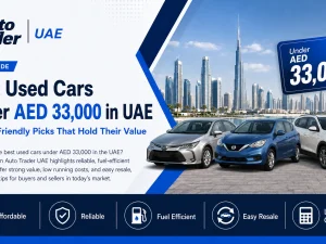 Budget-friendly used cars parked in a UAE city under 33,000 dirhams