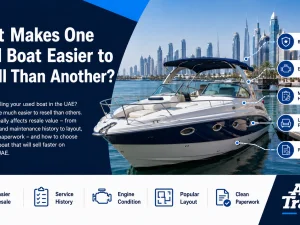 Used motor boat cruising in UAE waters at sunset, highlighting resale-friendly features