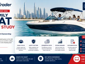 Family cruising boat at a UAE marina with city skyline in the background
