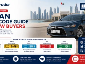 Ajman car number plate close-up on a parked vehicle in the UAE