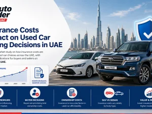 Used cars parked in a UAE dealership lot, with insurance costs influencing buyer choices