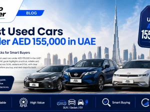 Lineup of popular used cars parked in the UAE under AED 155,000 budget