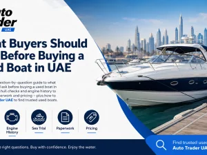 Used motorboat cruising in UAE waters at sunset