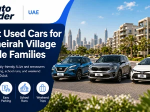 Family-friendly used SUV parked in a residential street in Jumeirah Village Circle, Dubai