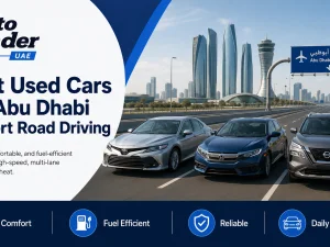 Used cars driving on Abu Dhabi Airport Road at sunset in the UAE