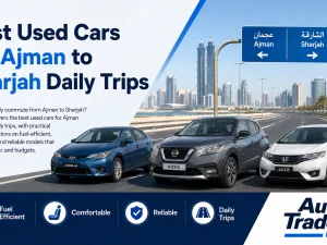 Used compact car driving on Ajman to Sharjah road in the UAE