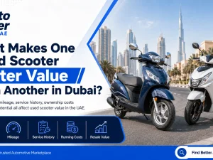 Used scooter parked on a Dubai street, representing value comparison for buyers in UAE