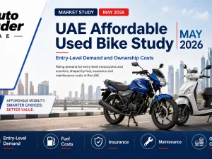 Used entry-level commuter motorcycle parked in a UAE city street