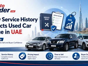 Used cars in UAE with documented service history in a dealership service bay