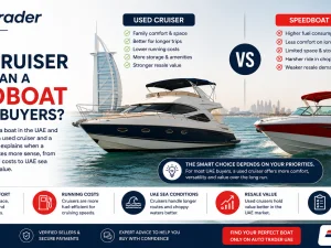 Used cruiser yacht cruising off the UAE coastline at sunset