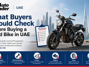 Used sport bike parked outdoors in the UAE being inspected by a buyer