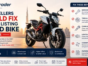 Used sport bike parked outdoors in the UAE, cleaned and prepared for sale