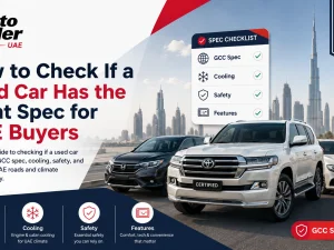 Used car buyer inspecting engine bay to check GCC spec and cooling system in UAE