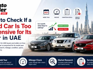 Buyer checking used car price versus model year on a tablet in UAE