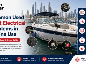 Used boat moored in a UAE marina with visible electrical shore power cable connection
