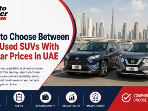Two used SUVs parked side by side in UAE for comparison