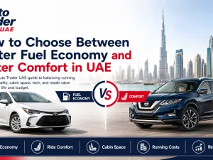 Driver choosing between a fuel-efficient compact car and a more comfortable SUV in the UAE