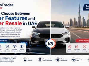 Buyer comparing car features and resale value options in UAE showroom