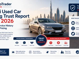 Dubai used car showroom with multiple SUVs and sedans listed online on Auto Trader UAE