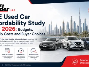 Used cars lined up at a dealership in the UAE, reflecting 2026 affordability trends