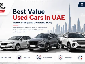Used cars parked in a UAE city showing a variety of affordable models
