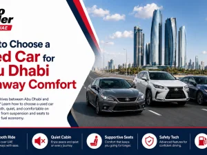 Used sedan driving comfortably on an Abu Dhabi highway at sunset