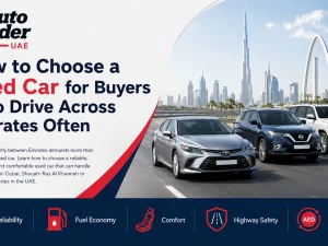 Used car driving on UAE highway between Emirates