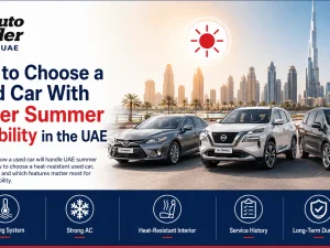 Used car parked under strong UAE summer sun showing durable exterior and interior