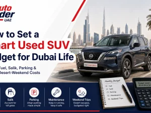 Used SUVs parked in Dubai with city skyline in the background