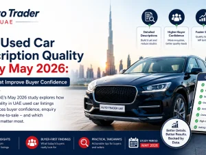 Used cars parked in a Dubai dealership lot with detailed listings attracting buyers