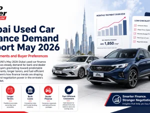 Dubai used car finance market with rows of pre-owned cars and city skyline in the background
