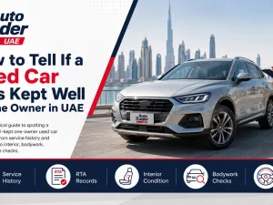 Buyer inspecting a well-kept used car from one owner in the UAE