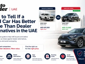 Used cars parked in a UAE dealership lot being compared for value