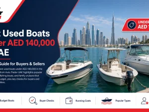 Used family bowrider boat cruising in UAE waters at sunset