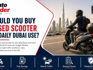 Used scooter parked on a Dubai street, ideal for daily commuting