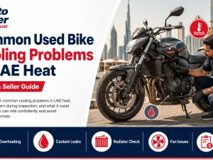 Used motorcycle parked in UAE heat showing radiator and cooling components