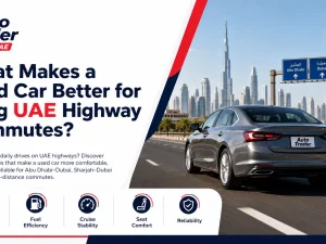 Used car driving on a UAE highway during sunset, ideal for long commutes