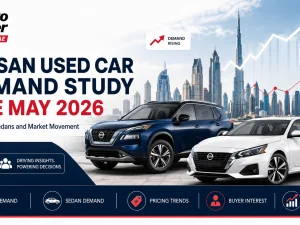 Used Nissan SUVs and sedans parked in Dubai, representing May 2026 UAE used car market trends