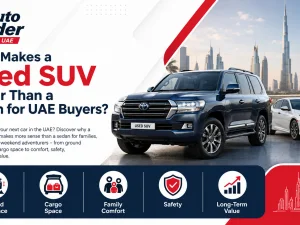 Used SUV driving on a highway in the UAE desert