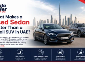 Used sedan driving on a UAE highway comparing favourably to a small SUV