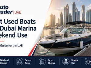 Used leisure boat cruising near Dubai Marina skyline at sunset