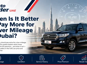 Used cars in Dubai with different mileage parked in a row at sunset