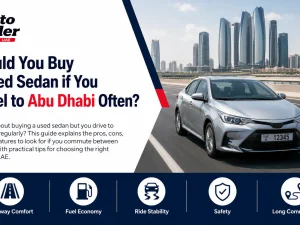 Used sedan driving on UAE highway towards Abu Dhabi