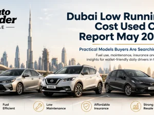 Used economical cars parked in Dubai with city skyline in the background