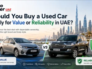 Used cars parked in a UAE city showing different body types and price points