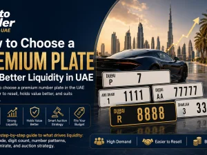 Premium UAE number plate on a luxury car parked in a modern Dubai setting